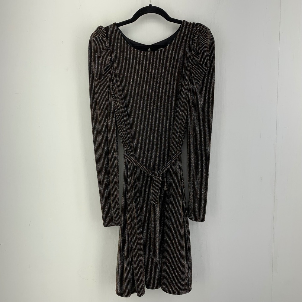 Goth Whimsigoth Party Metallic Stripe Puff Sleeve Dress Black Gold Large NEW